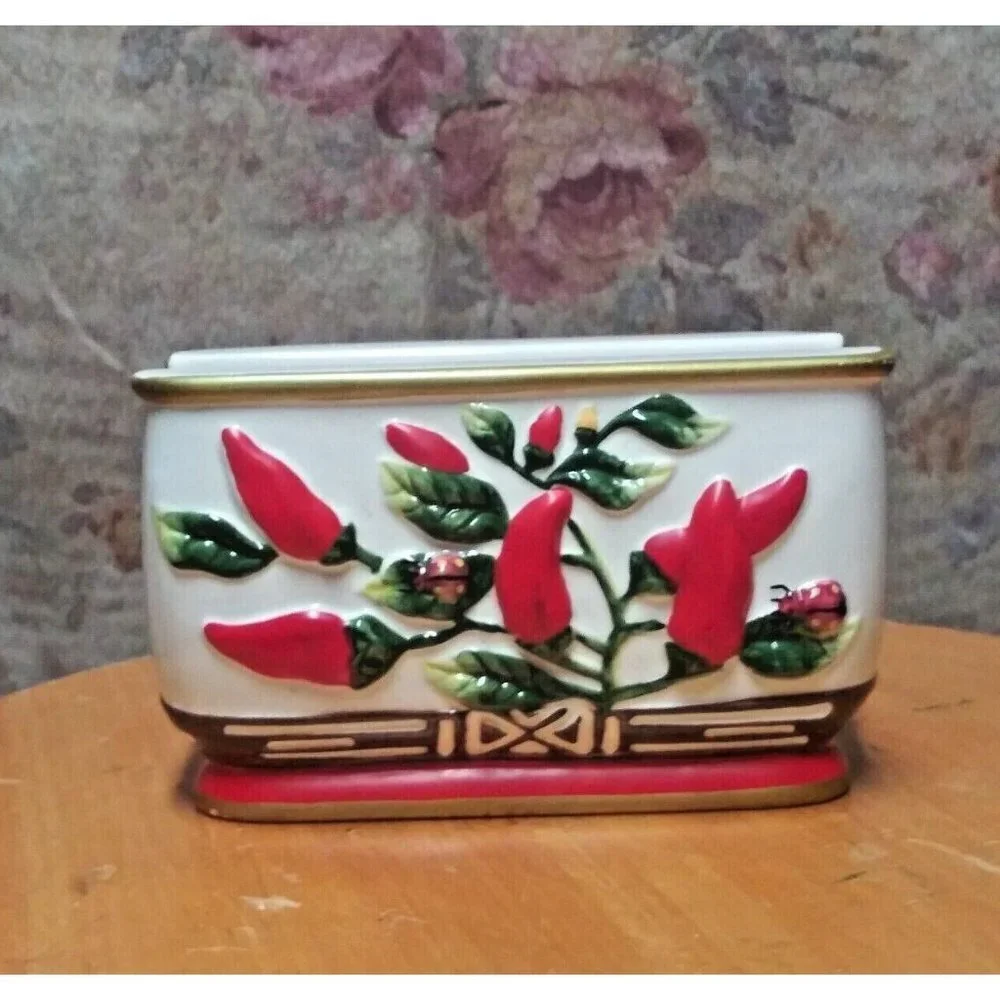 Vintage ceramic Napkin Holder red pepper red chillies embossed Unique Rare EUC
